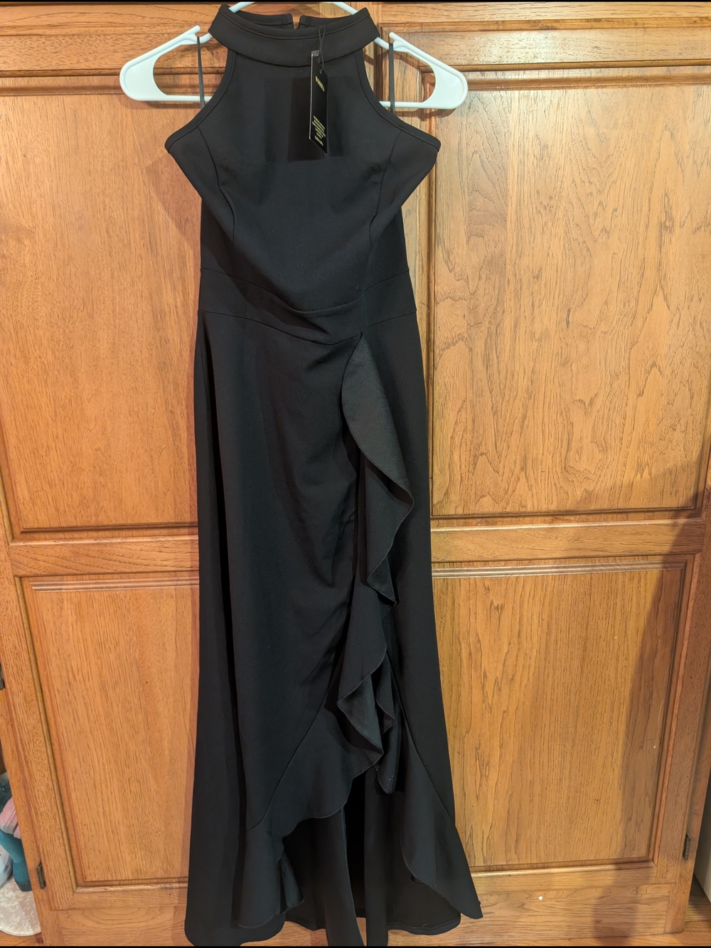 Sleeveless Black Halter Maxi Dress with Front Ruffle